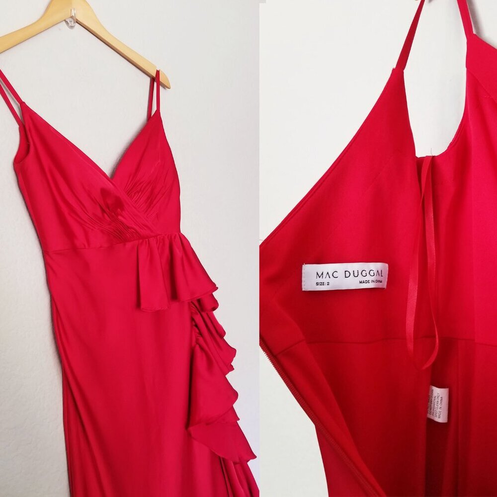 Mac Duggal Red Satin Ruffle Asymmetric Gown Maxi Dress Cocktail Party 67815 $338 - Picture 8 of 16